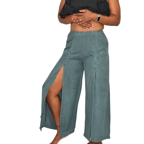 Young Fabulous Broke Cove Pant Green YFB Front Slits Crop Flare Washed Linen XS - Picture 11 of 14